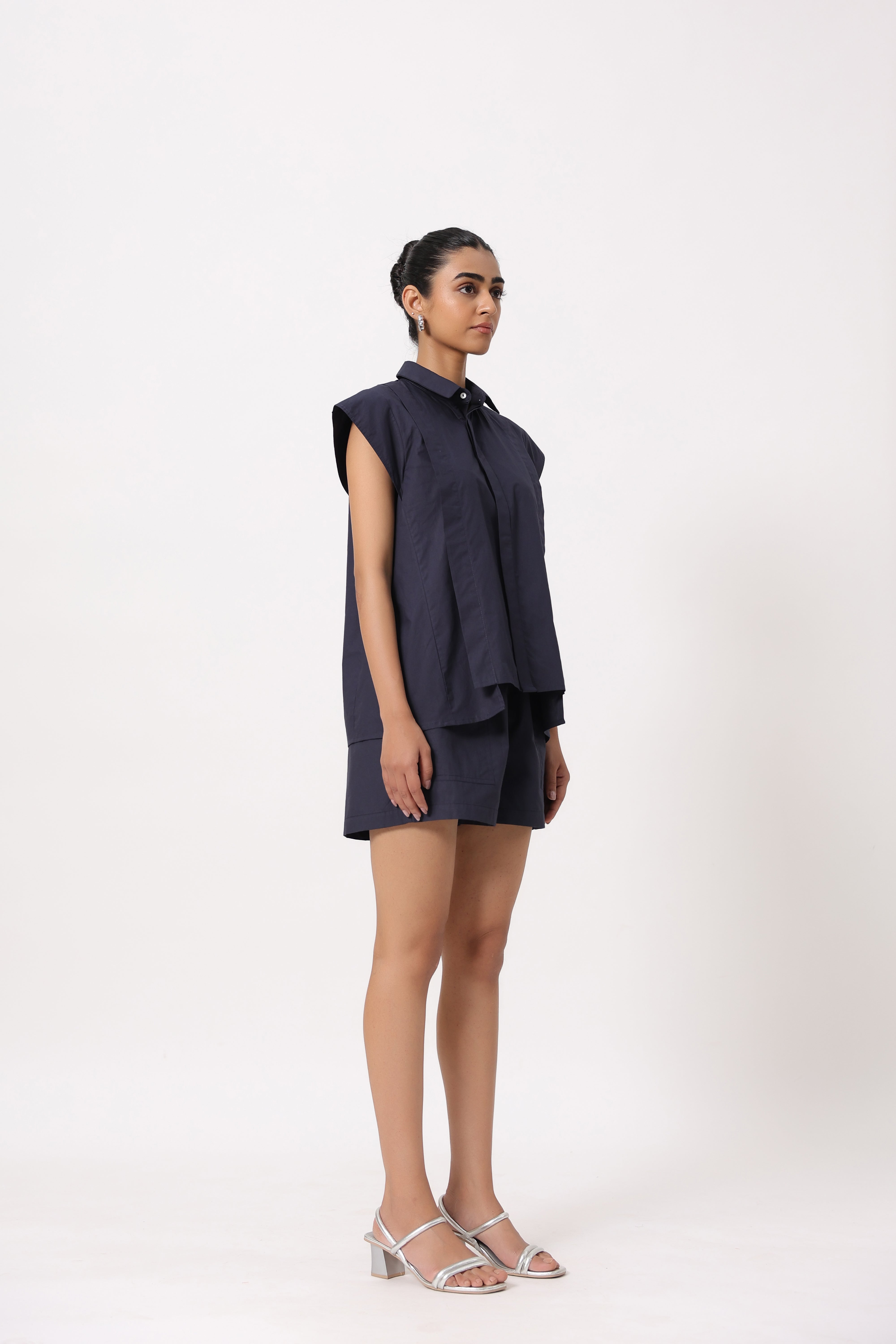 Women Navy Solid Cotton Short Sleeve Shirt Collar Co-Ord Set