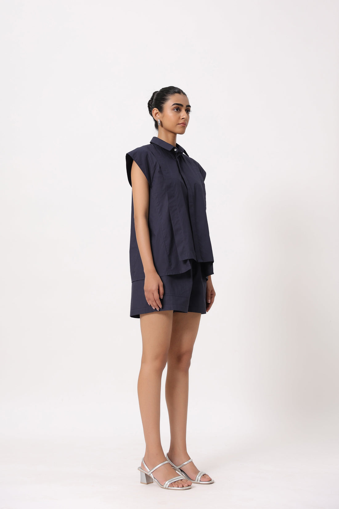 Women Navy Solid Cotton Short Sleeve Shirt Collar Co-Ord Set