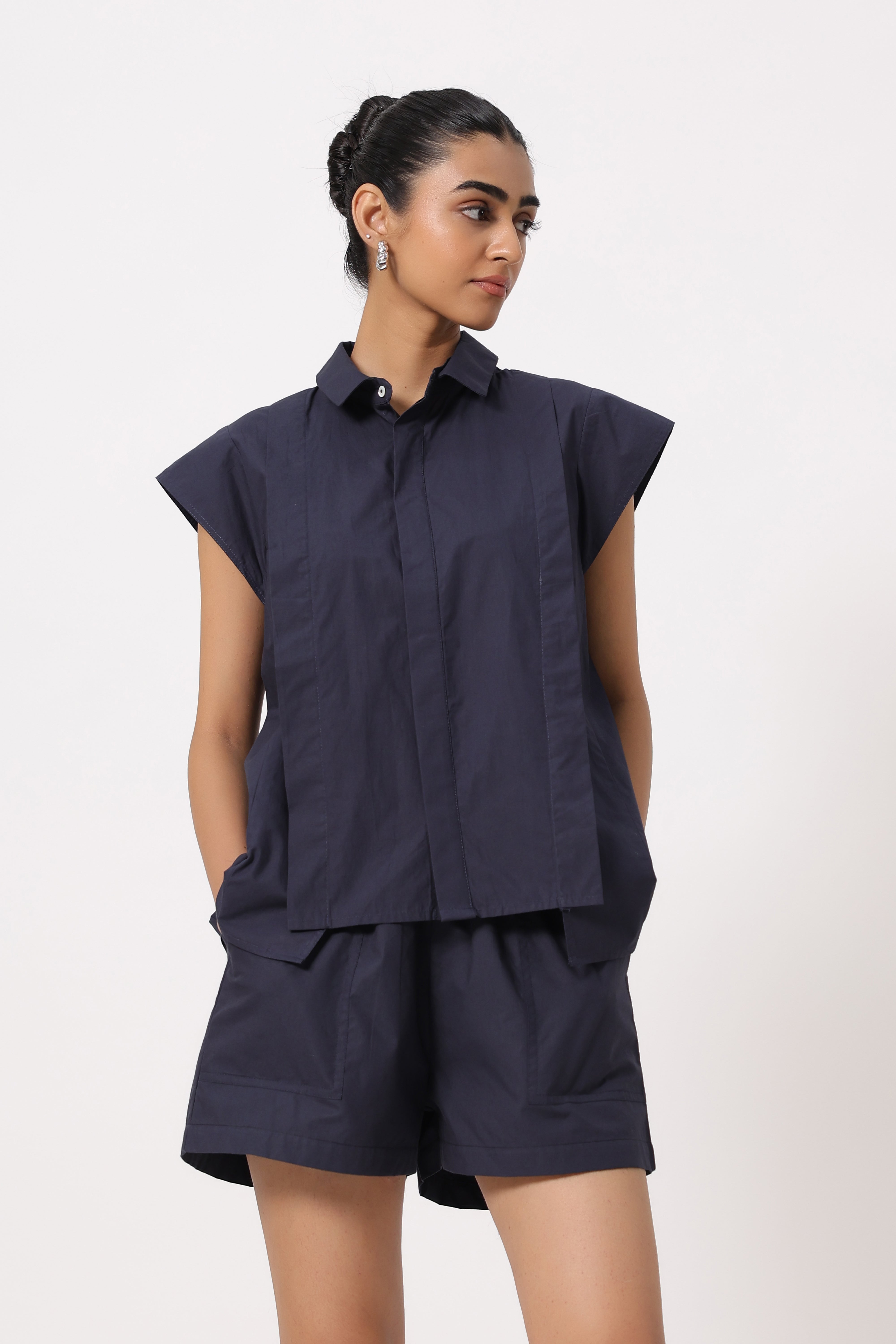 Women Navy Solid Cotton Short Sleeve Shirt Collar Co-Ord Set