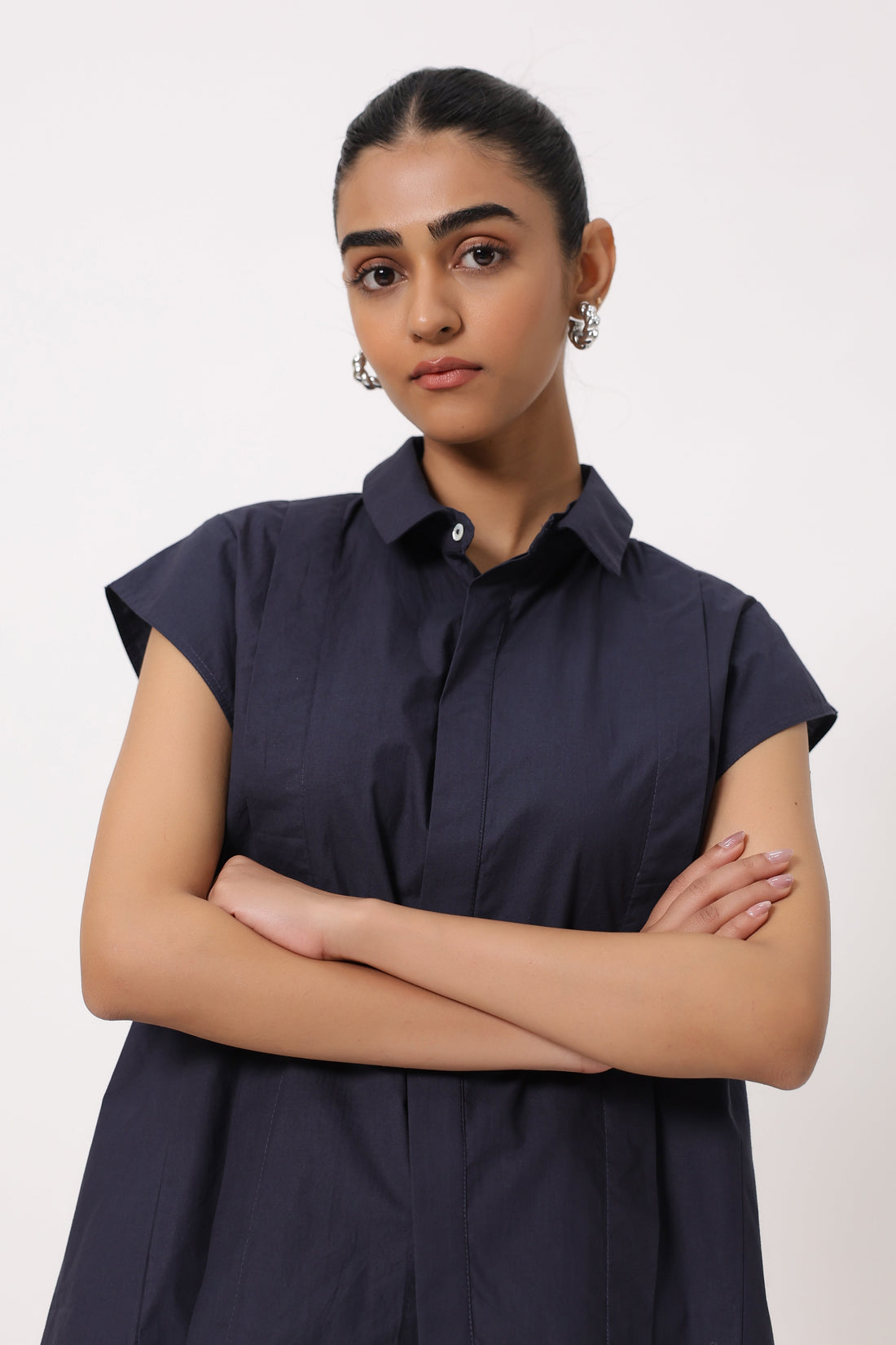 Women Navy Solid Cotton Short Sleeve Shirt Collar Co-Ord Set