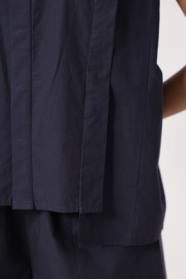 Women Navy Solid Cotton Short Sleeve Shirt Collar Co-Ord Set