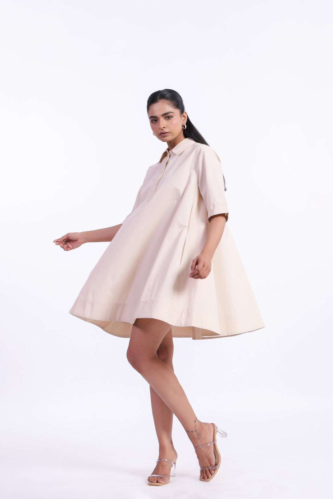 Women's Beige Solid Cotton Dress