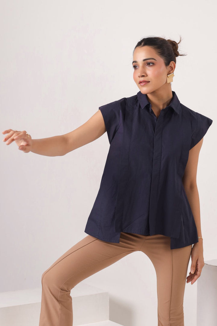 Women’s Navy Cotton Poplin Top