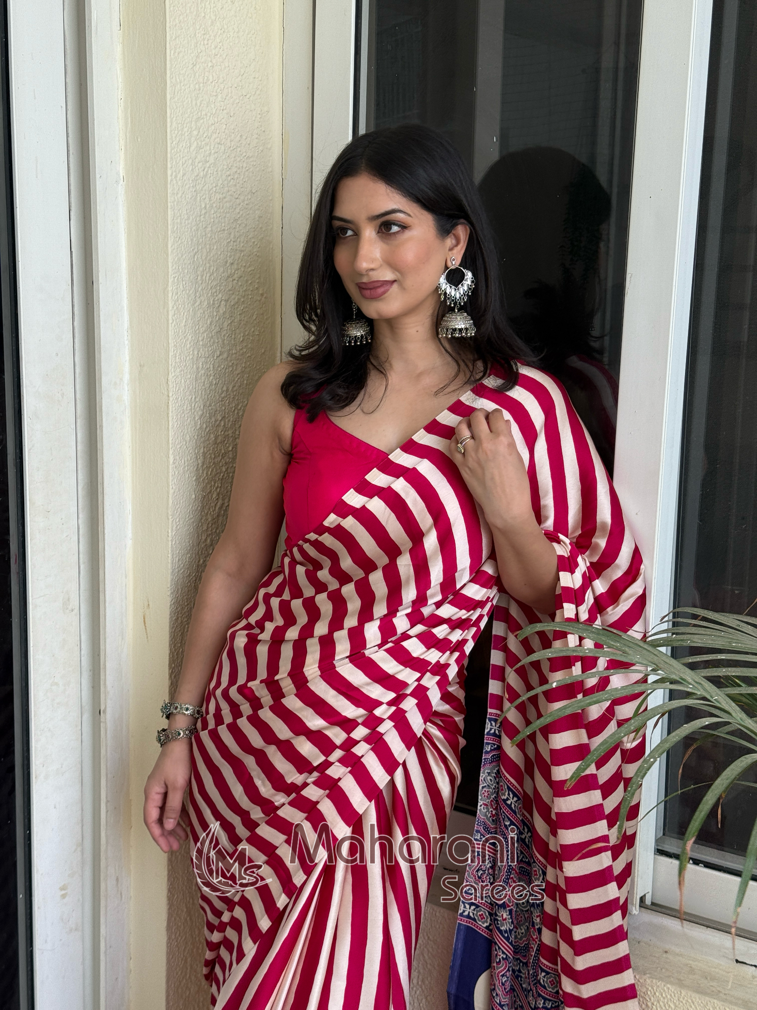 Rose Pink Striped Ajrakh Hand-Printed Modal Silk Saree
