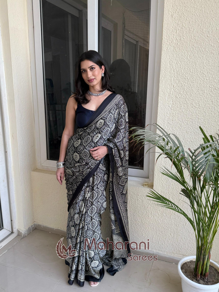 Sable Black Ajrakh Printed Soft Modal Silk Natural Print Saree