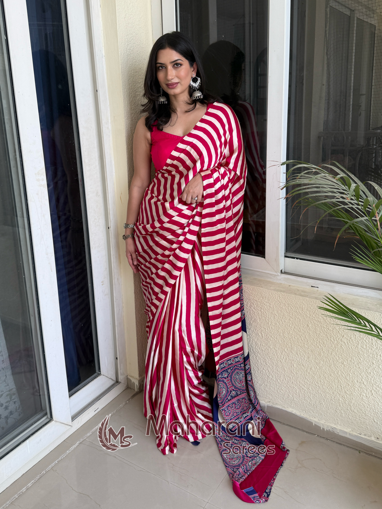 Rose Pink Striped Ajrakh Hand-Printed Modal Silk Saree