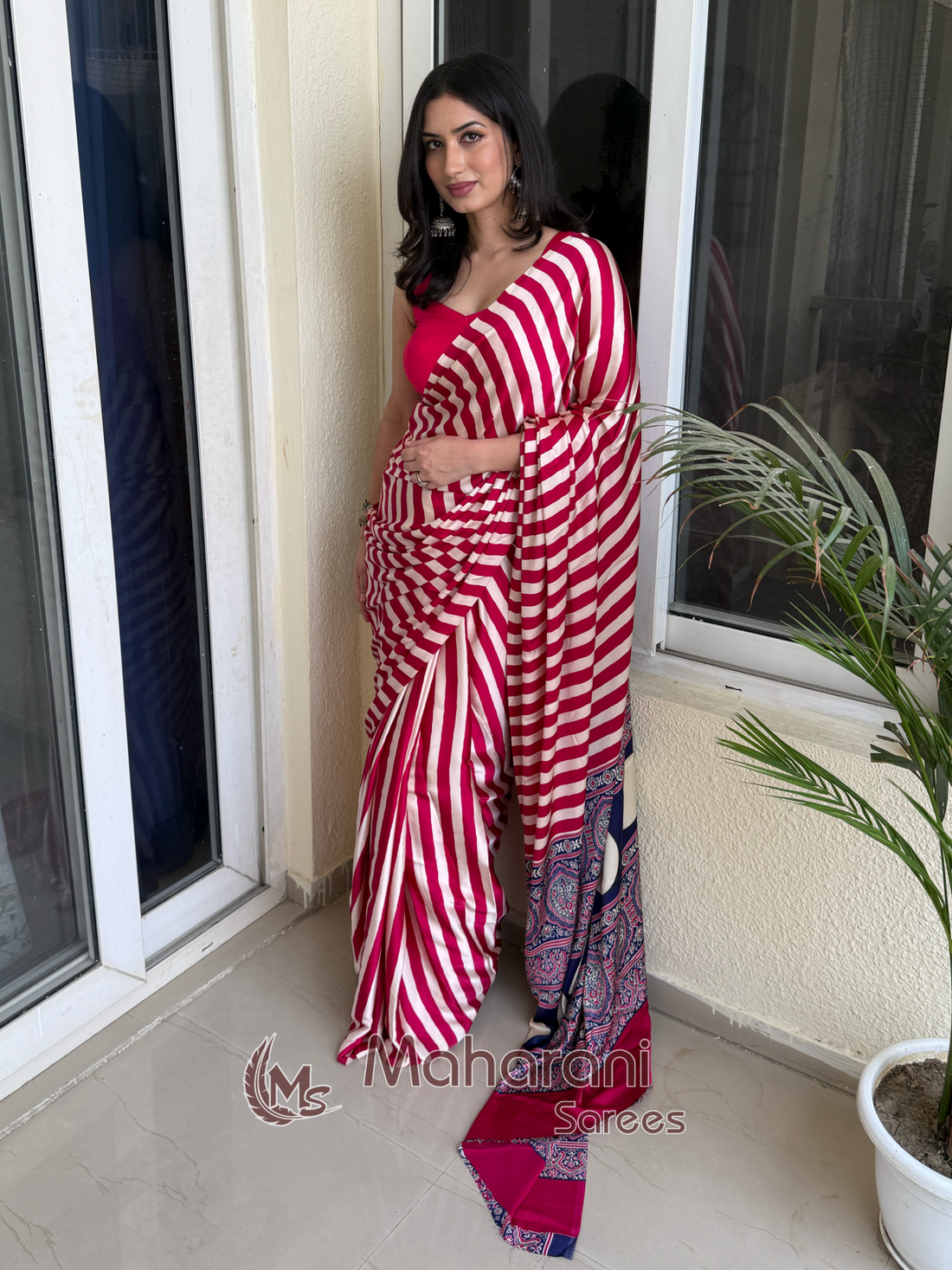 Rose Pink Striped Ajrakh Hand-Printed Modal Silk Saree