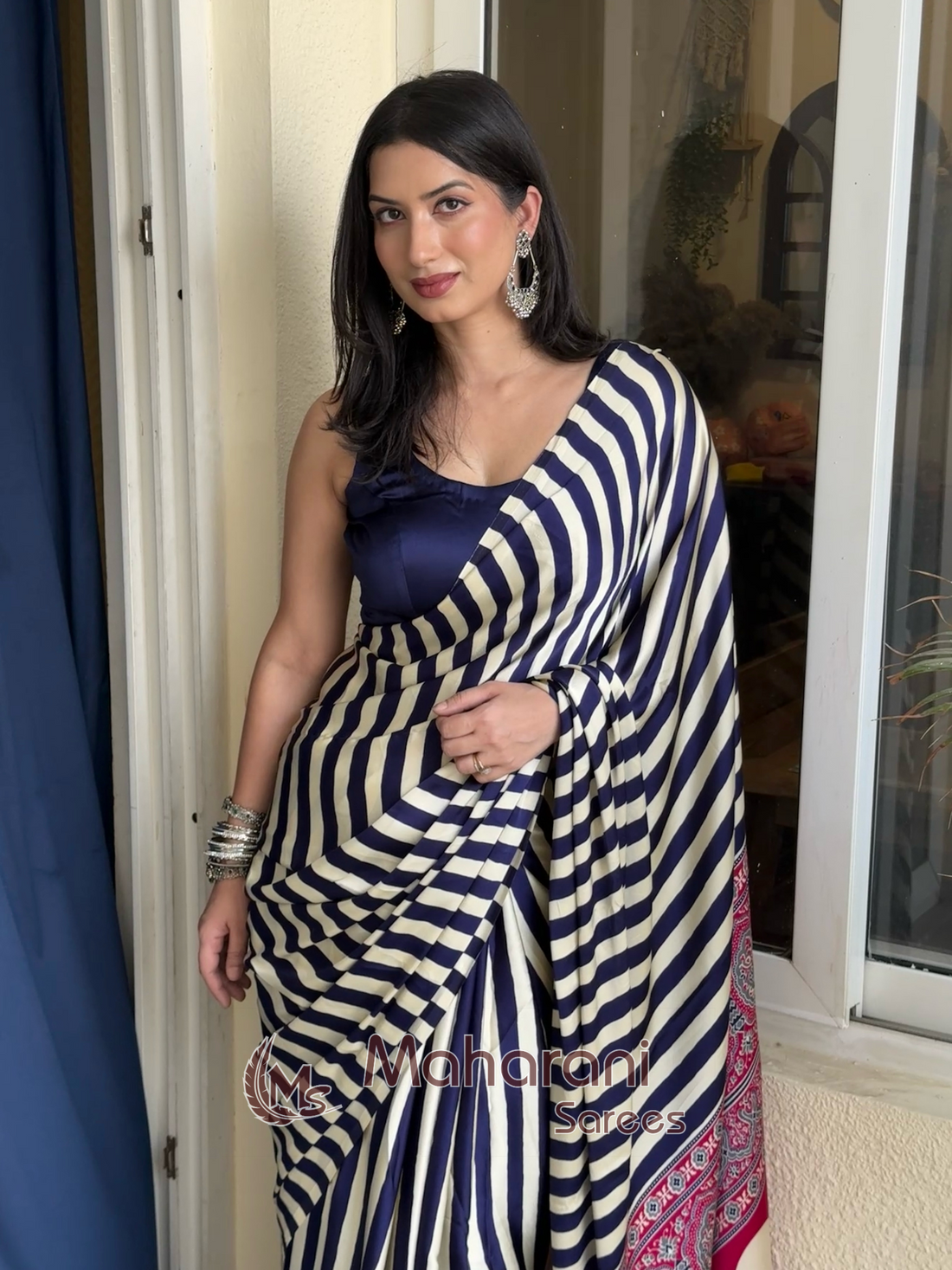 Lapis Blue Striped Ajrakh Hand-Printed Modal Silk Saree