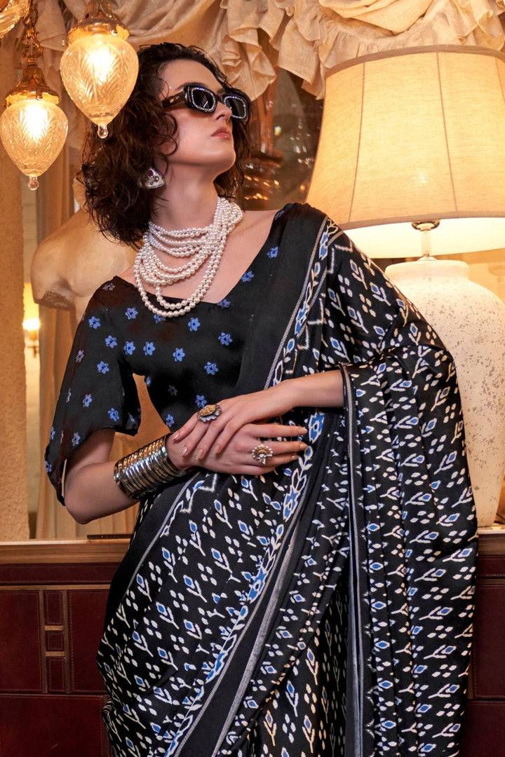 Deep Black Ajrakh Patola Printed Satin Crepe Saree
