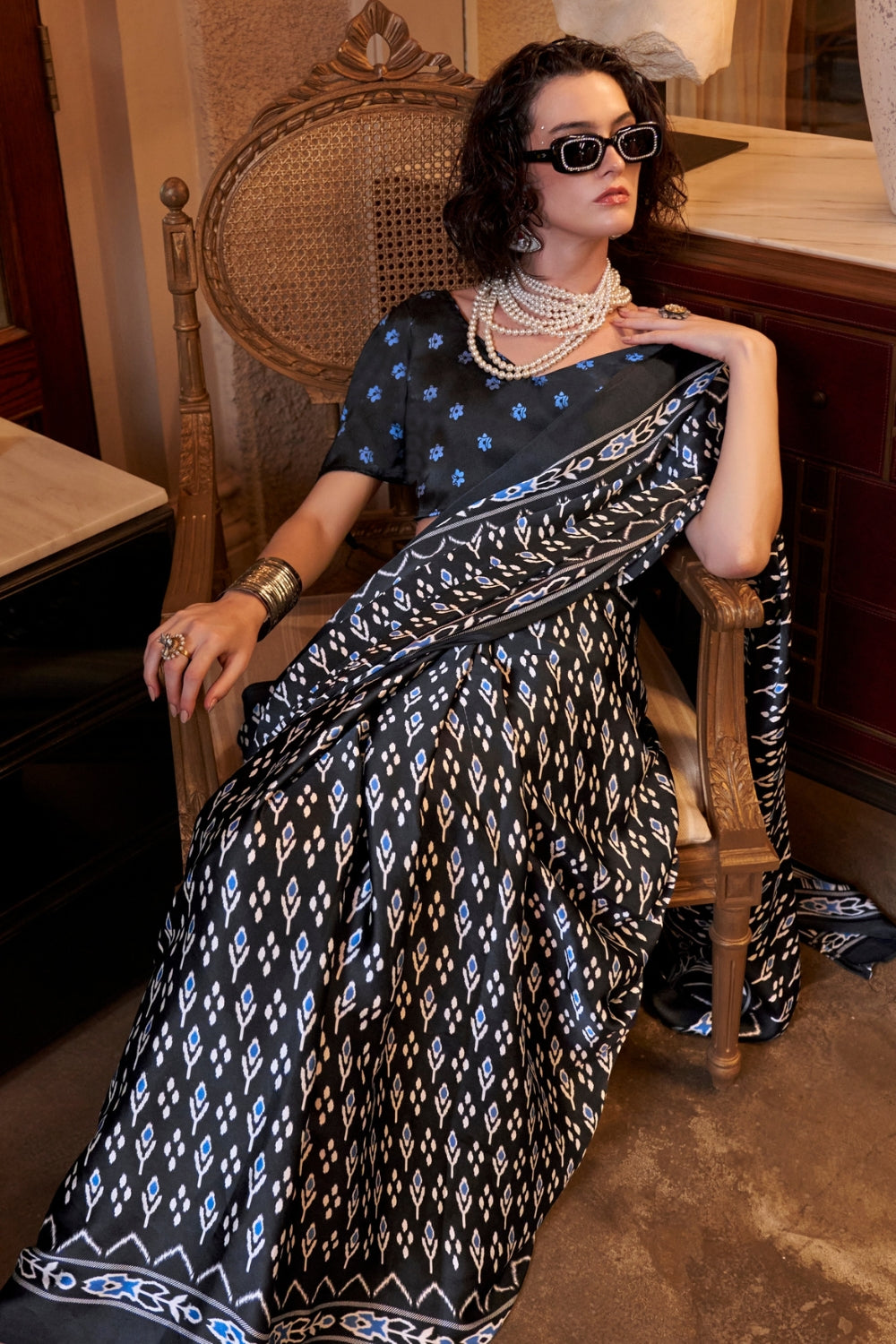 Deep Black Ajrakh Patola Printed Satin Crepe Saree