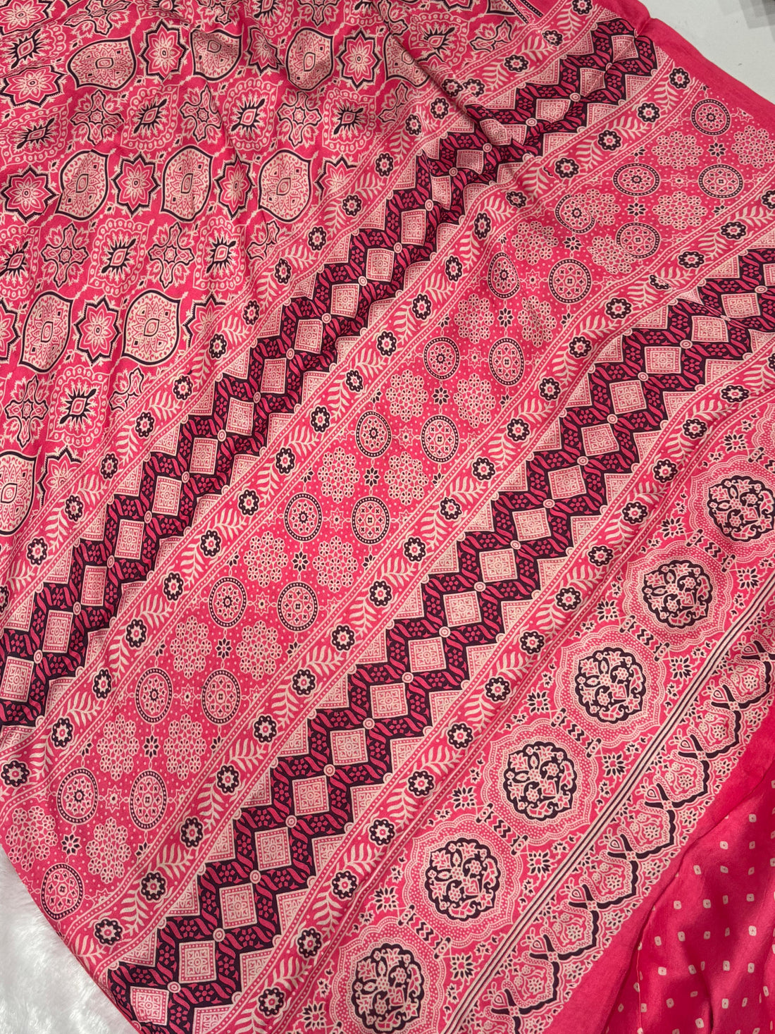 Pink Ajrakh Hand Block Modal Silk Saree With Fancy Ajrakh Pallu