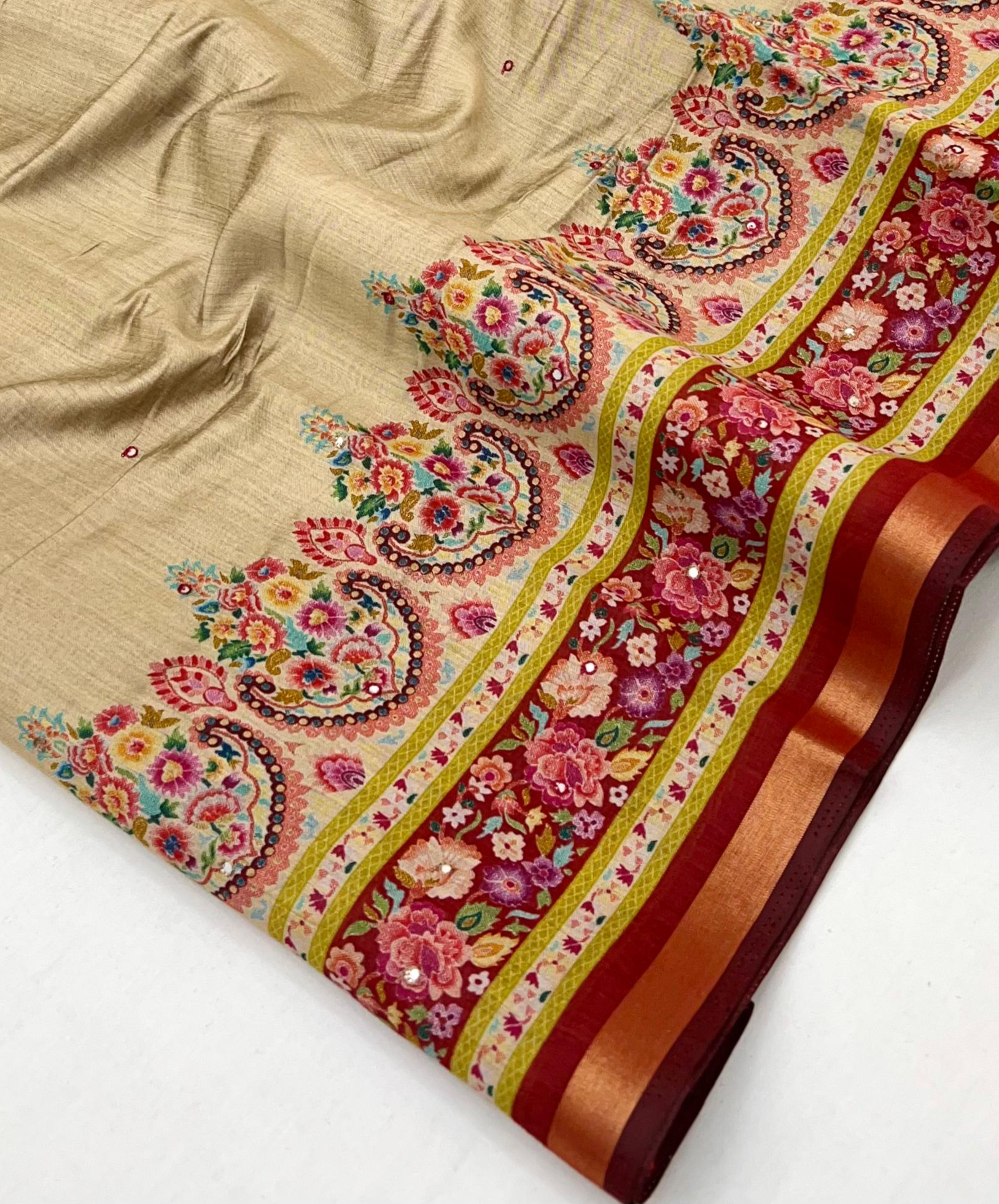 Ivory Cream Ajrakh Kalamkari Pure Maslin Silk Saree with Mirror Work