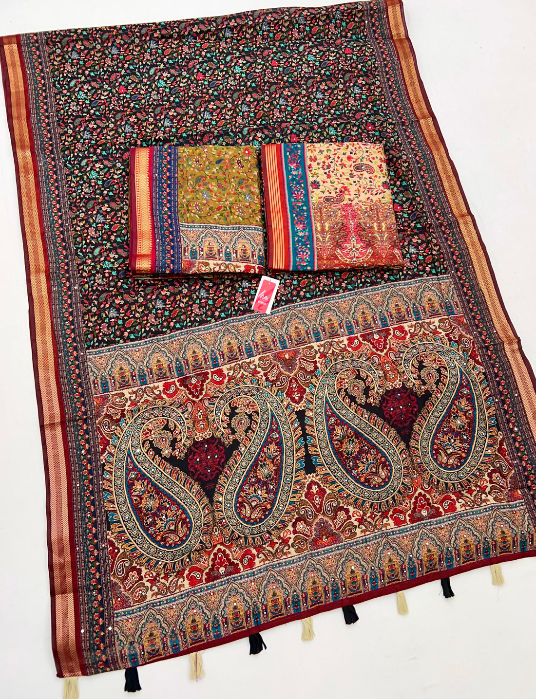 Stylish Black Ajrakh Kalamkari Pure Maslin Silk Saree with Mirror Work
