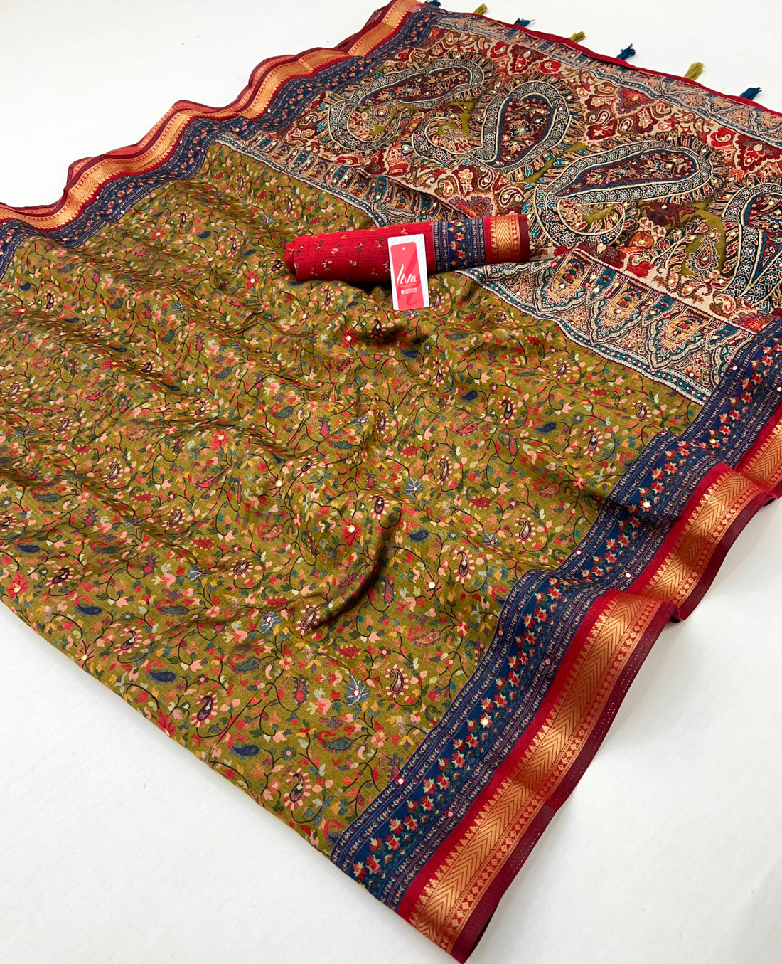 Stunning Ajrakh Kalamkari Pure Maslin Silk Saree with Mirror Work