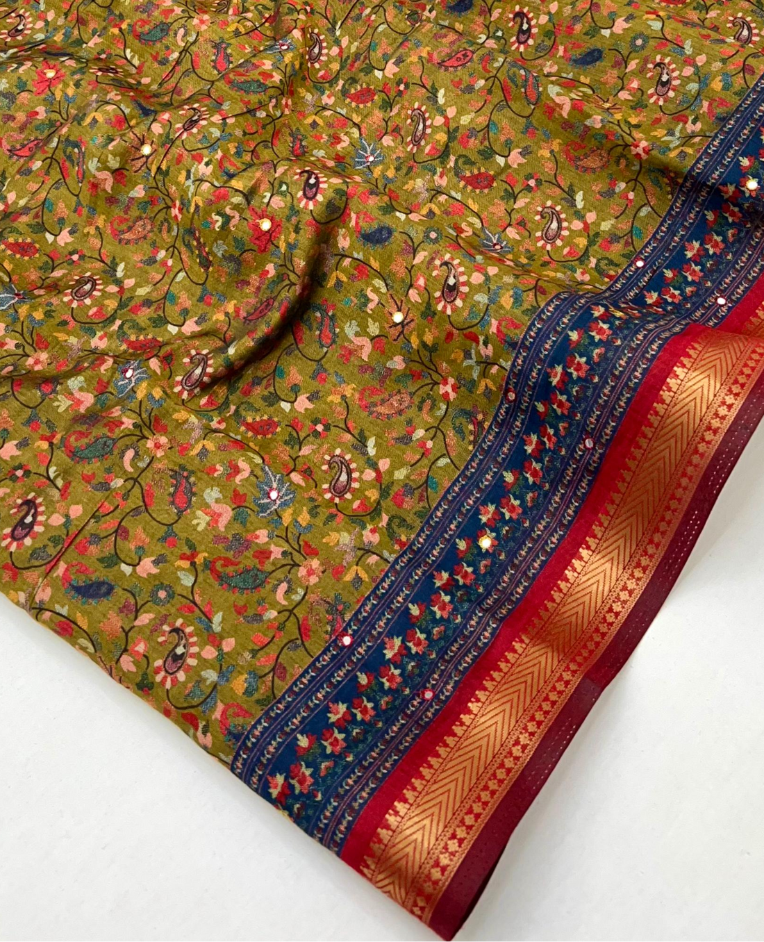 Stunning Ajrakh Kalamkari Pure Maslin Silk Saree with Mirror Work