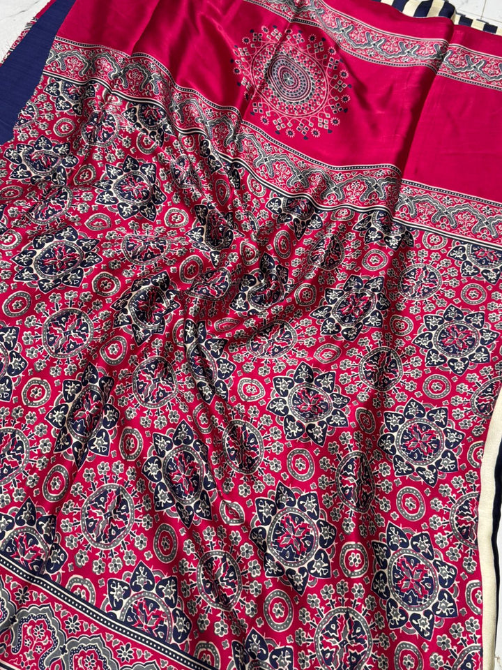 Lapis Blue Striped Ajrakh Hand-Printed Modal Silk Saree