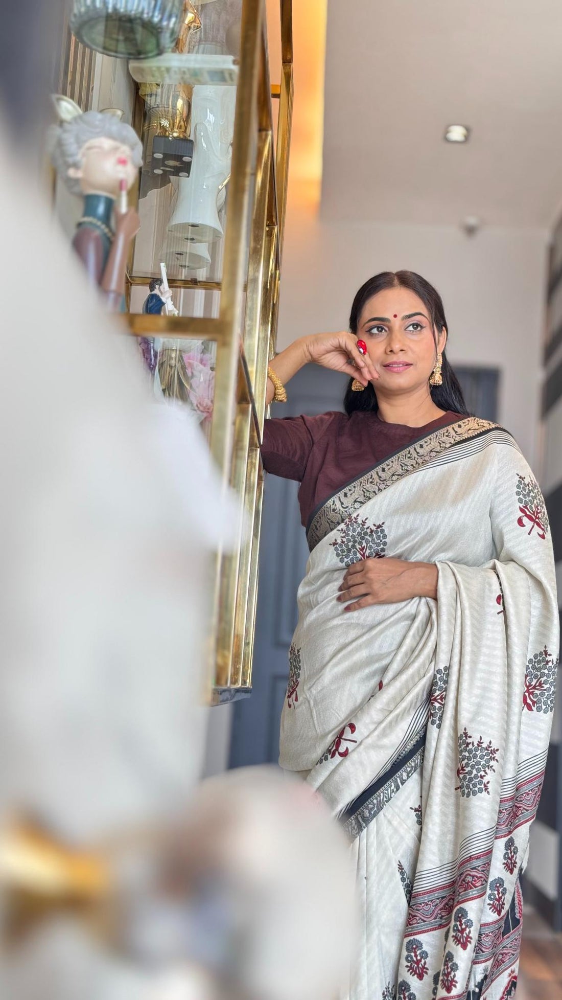 Amazing Black And Cream Ajrakh Kashmiri Modal silk Buta Leriya Saree