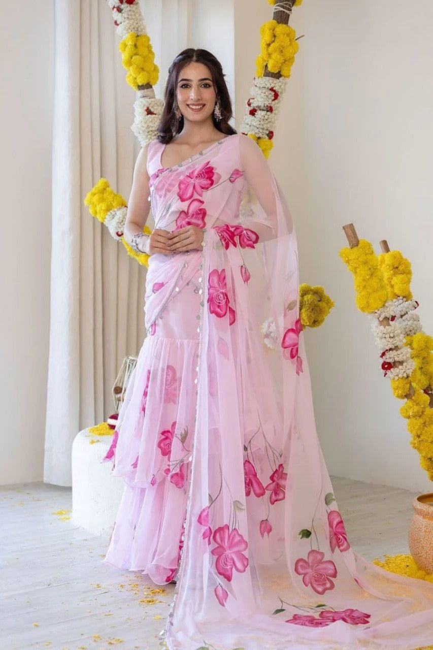 Pink Blossom Teby Silk Digital Lehenga Saree 2.0