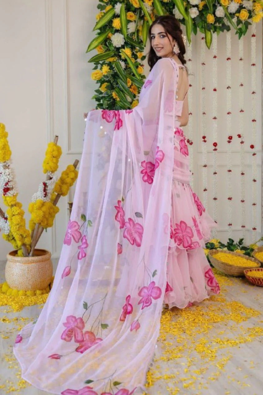 Pink Blossom Teby Silk Digital Lehenga Saree 2.0