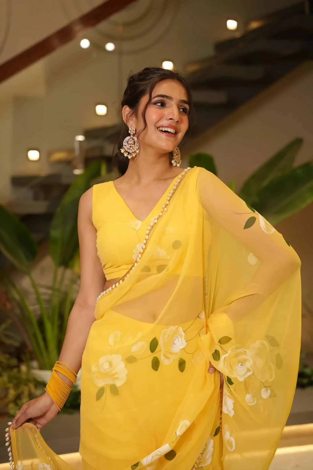 Sunshine Bloom Yellow Saree with White Rose Print