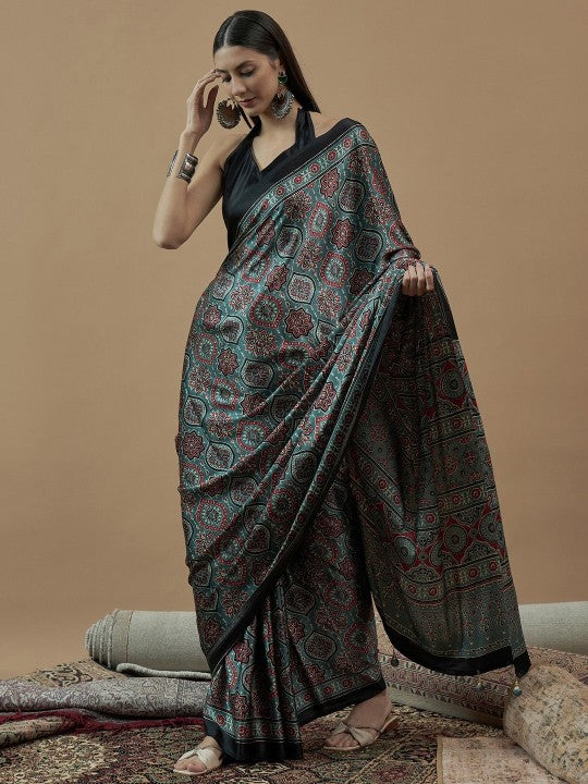 Sea Green Ajrak Crepe Block Print Sarees