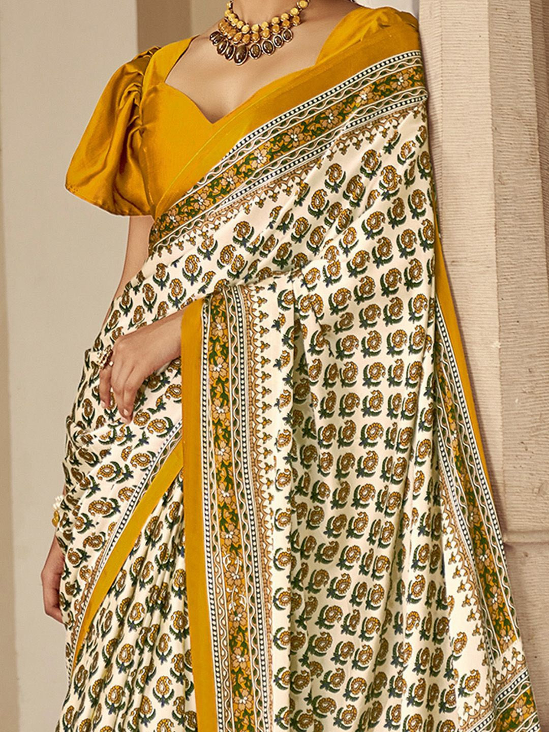Snowy White And Yellow New Ajrakh Printed Satin Crepe Saree