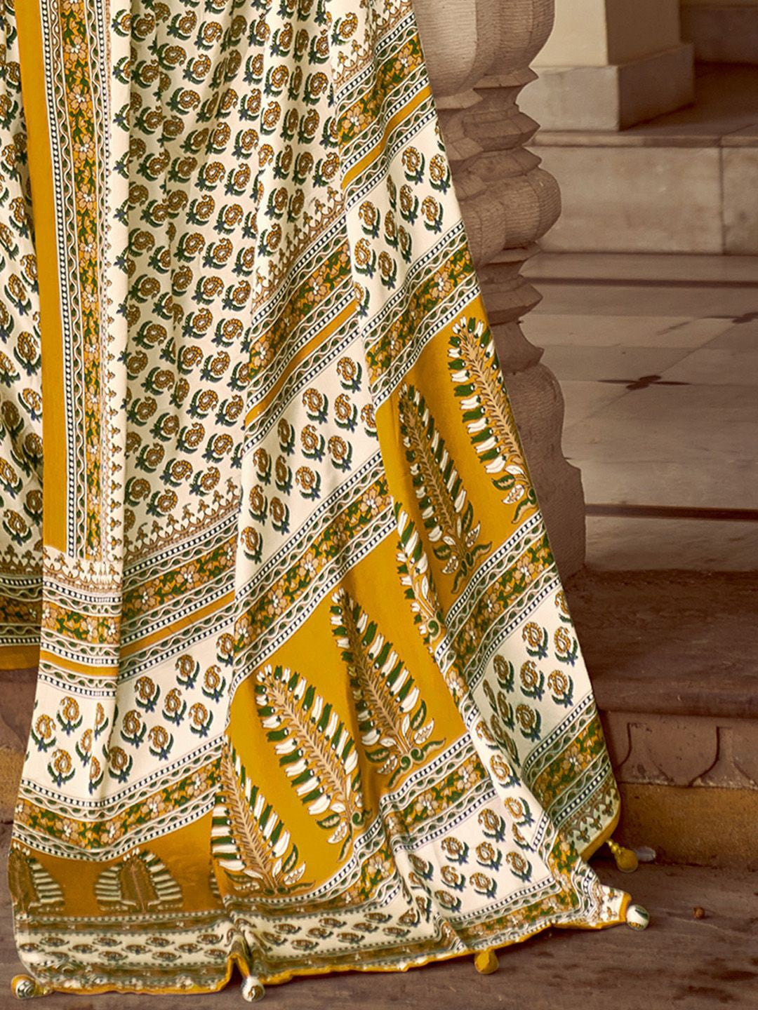 Snowy White And Yellow New Ajrakh Printed Satin Crepe Saree